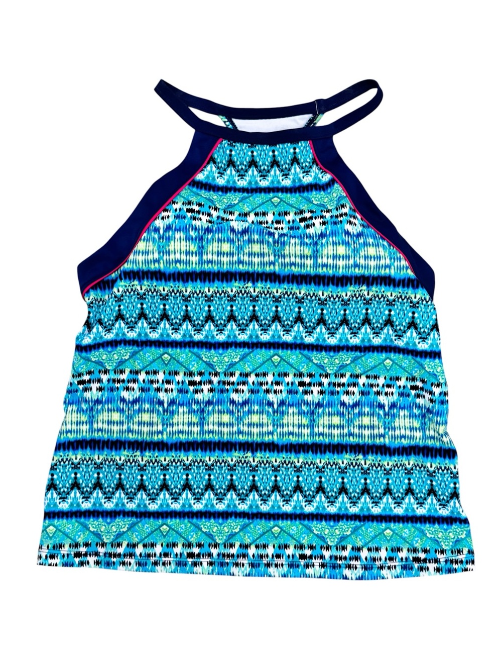 South Point Size 14 2-piece swimsuit set in blue/aqua geometric "ikat" print